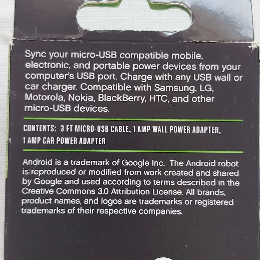 Combo Pack Micro USB Cable, Car Charger and Wall Charger New, Unused